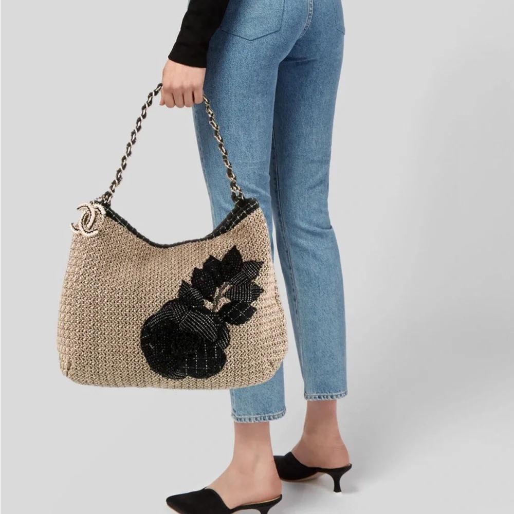 CHANEL Tan and Black Hobo Bag with Chunky Chain Handle - Picture 2 of 11